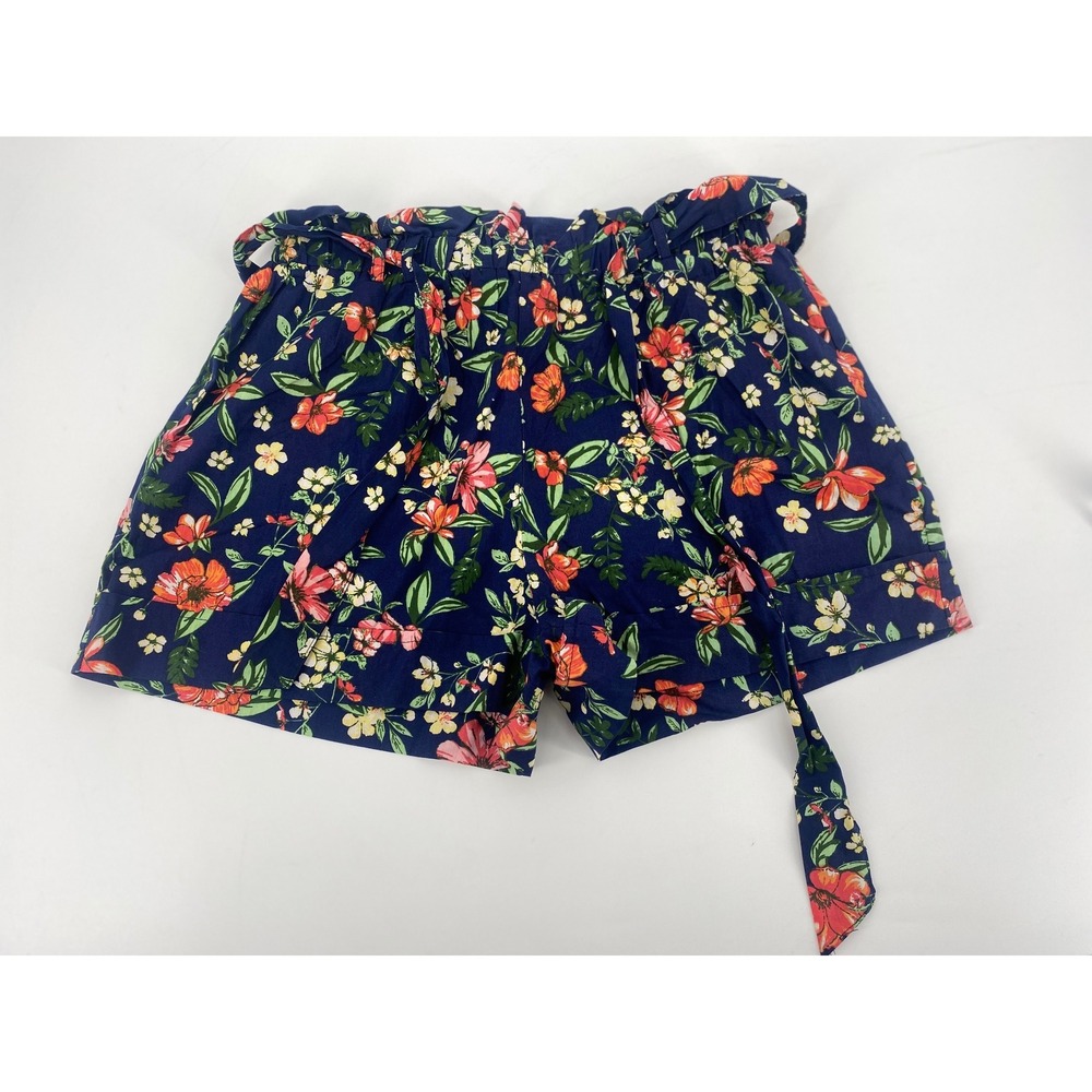 New Look Floral Paperbag Waist Shorts Womens Size M Navy Blue Tropical Summer